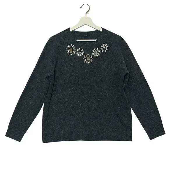 J Crew Women’s Lambswool Large Sweater Jeweled Donegal Pullover Gray Embellished - Picture 2 of 10